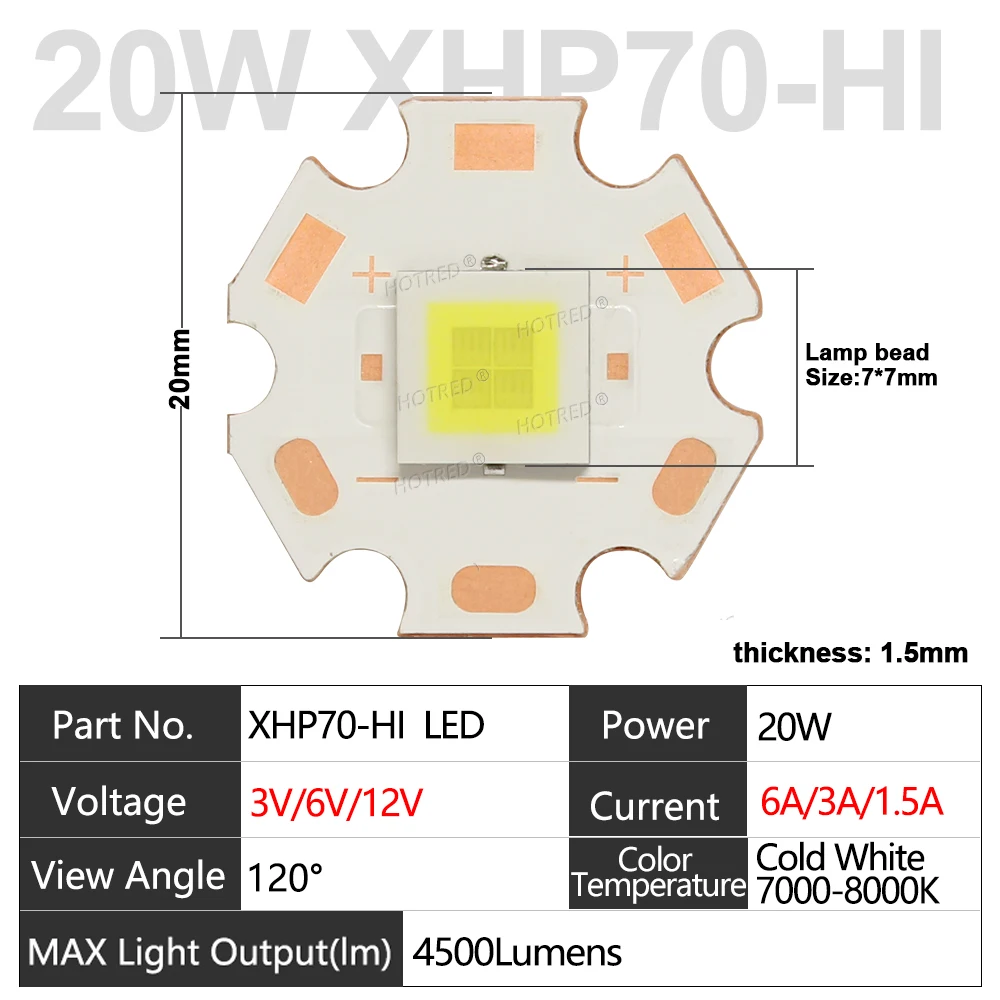 1-10pcs XHP70 Hi LED Chip DC3V/6V/12V SMD High Power XHP70.2 7070 Beads 3A 6A COB 20W Cold White Lamp Flashlight Part Source