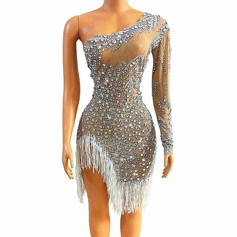 Sexy vestido de dança latina palco desempenho moda mostrar traje um ombro folhas strass franjas vestido transparente