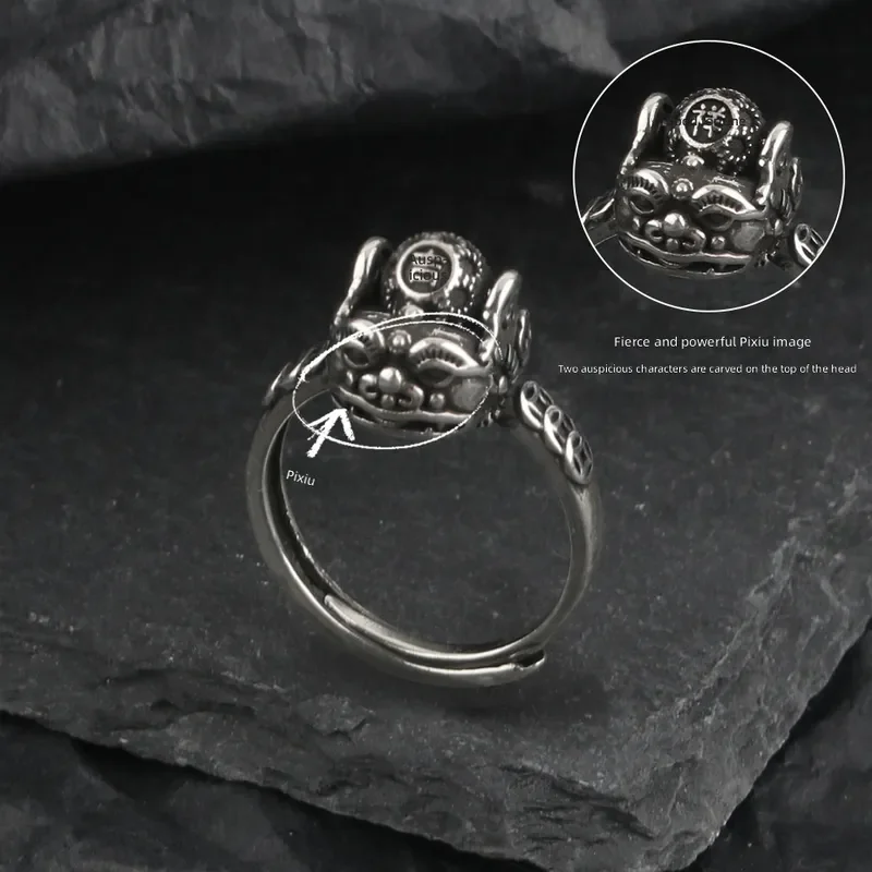 Retro Rotating Pixiu Ring Male Auspicious Transfer Bead Index Finger Ring Personalized Ethnic Style Imitation Thai Silver
