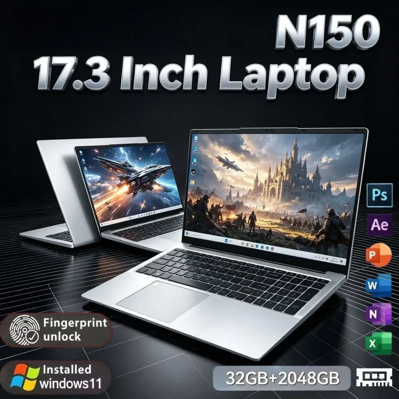 High Speed 17.3" Laptop Intel N150 Processor Windows 11 32GB RAM 2TB SSD Fingerprint Unlock For Office Study Casual Gaming