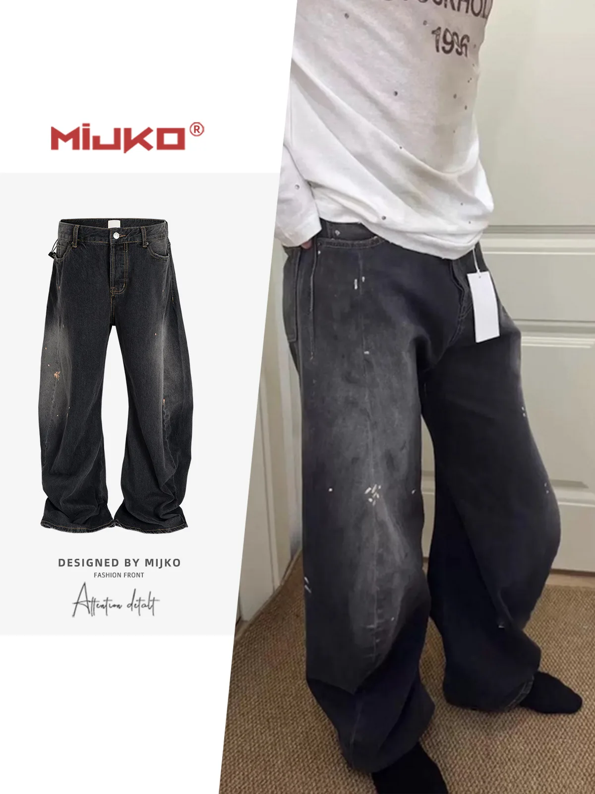 

MIJKO Retro American Washed Design Black Grey Knife Edge Jeans Men's Vintage Denim Trousers Casual Wear TJ140