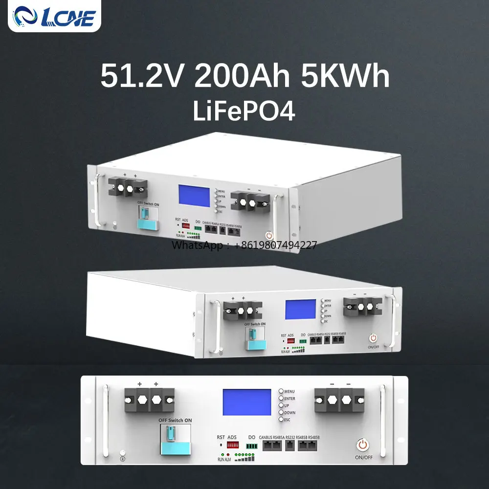 5kWh 51.2V 200Ah LiFePO4 Solar Battery Home Energy Storage System Stackable Hybrid Grid Rack-Mounted for Backup Power