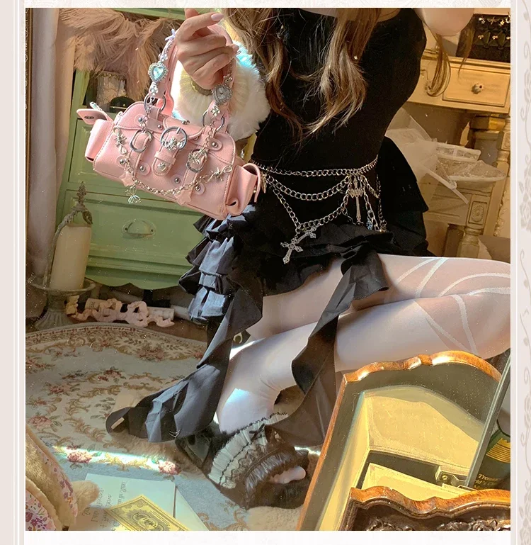 Japanese Original Retro Handbag Metal Chain Bow Heart-shaped Small Square Bag Sweet Cool Versatile Lolita Horizontal Casual Bag