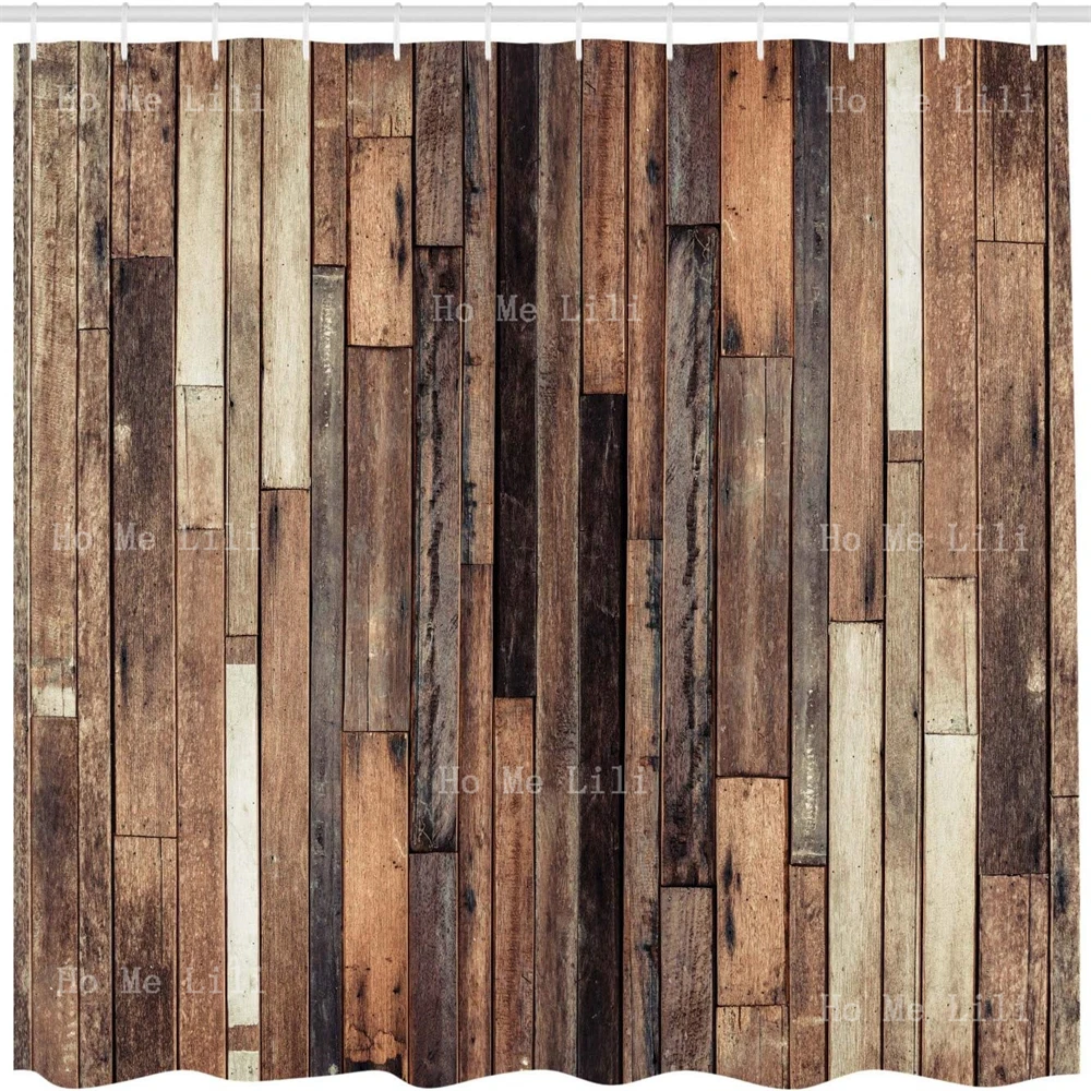 Brown Old Hardwood Floor Plank Natural Rustic Graphic Print Wooden Shower Curtain For Farmhouse Style Home Decor