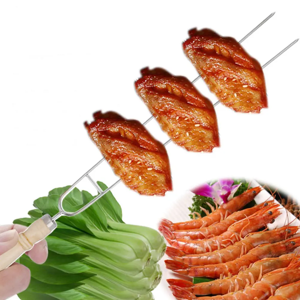 

6pcs Stainless Steel Barbecue Forks U Shape Roasting Forks Wood Handle Durable Heat Resistant For Party Home Restaurant Buffet