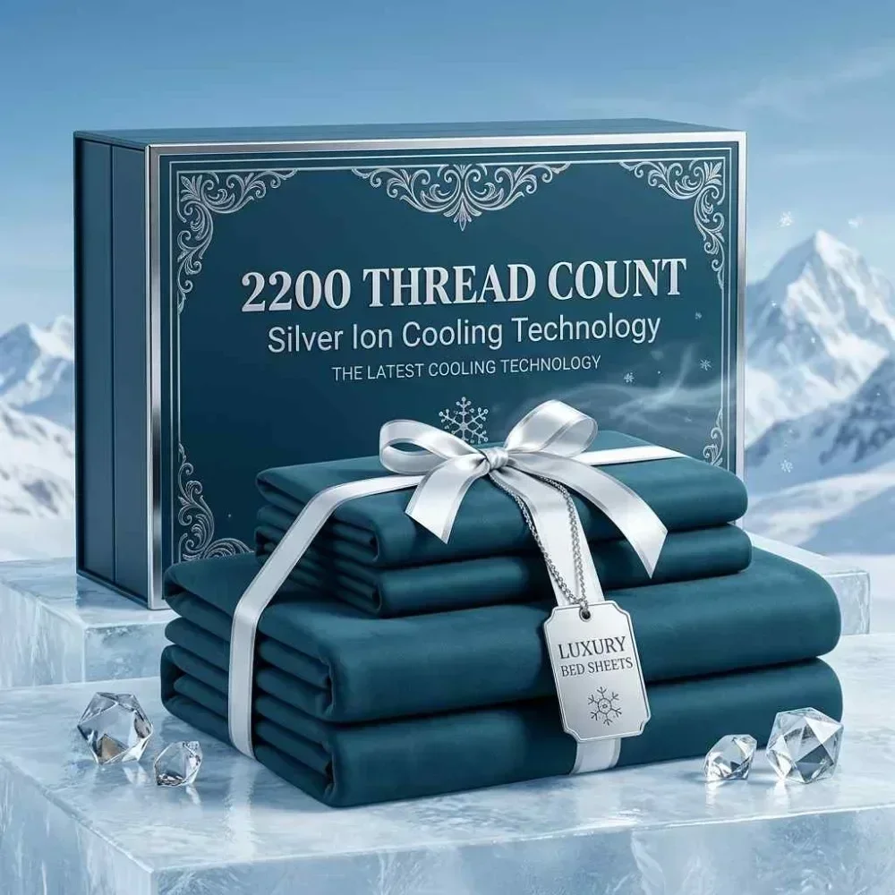 2200TC Silvery Ion Bamboo Fiber Cooling Bed Set - 3/4pcs Set with Deep Pocket Design for Breathability And Coolness - Suitable for People Prone to Heat And Sweating, Includes Pillowcases, Fitted Sheet, And Flat Sheet - Ideal for Family Gift-Giving