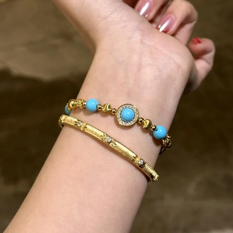 Turquoise bracelets for women Creative new in light luxury retro Cat eye shaped round bead blue bangles fashion jewelry - view 6