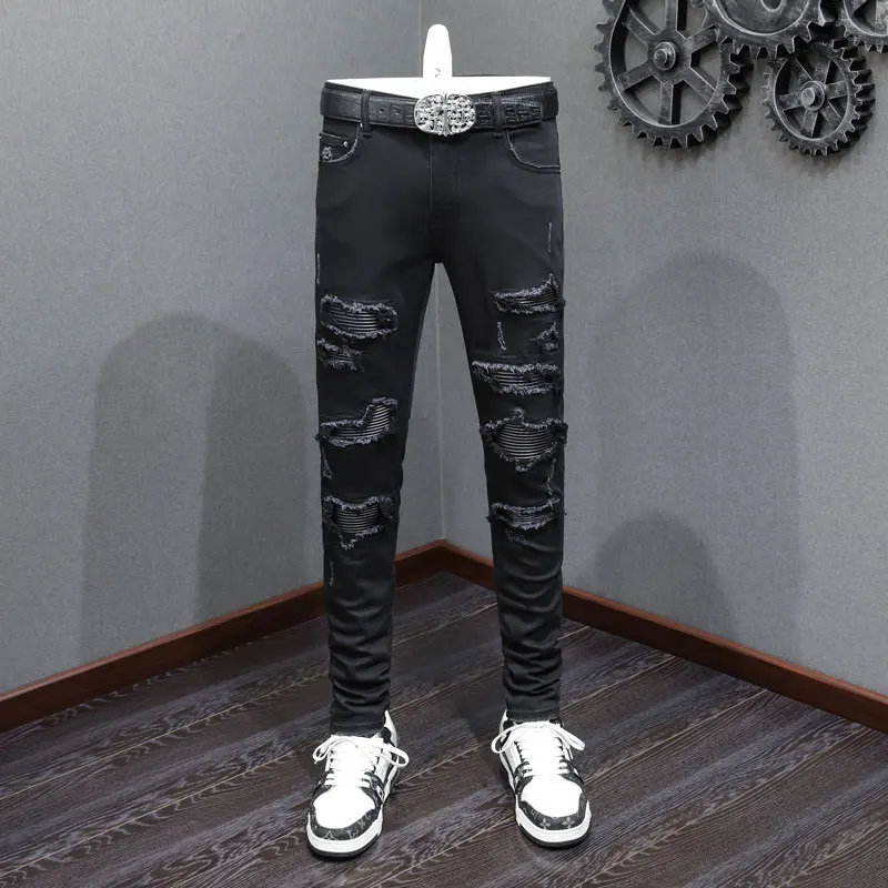 

Street Fashion Men Jeans Black Stretch Skinny Fit Ripped Jeans Men Leather Patched Designer Hip Hop Brand Denim Pants Hombre