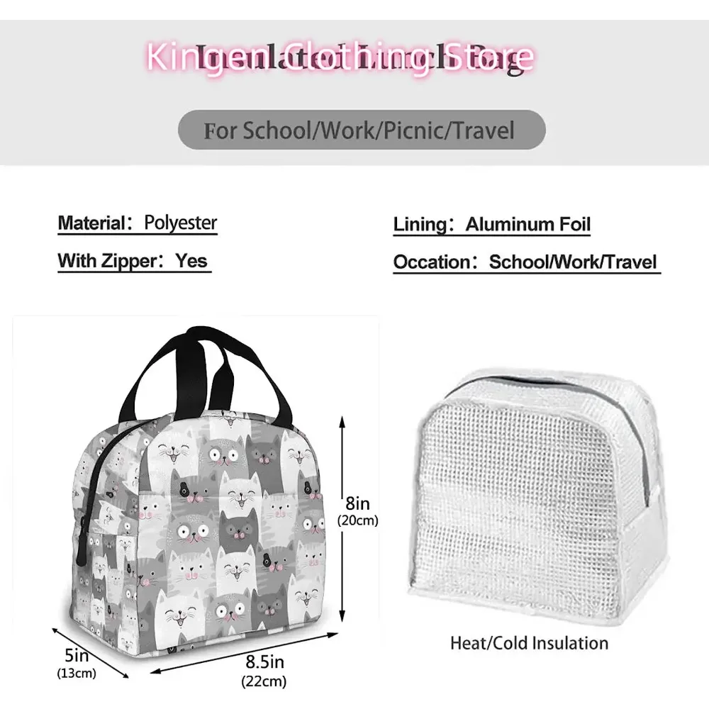 Grey Cats Lunch Bag Insulated Lunch Box Reusable Cooler Thermal Meal Tote for Women Girls Work School Picnic