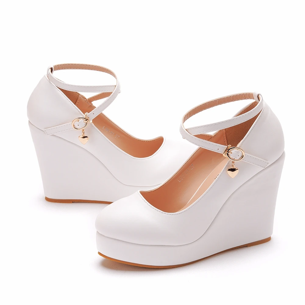 Damen Plateau-Keilabsatz Pumps Geschlossene Runde Spitze Schnallen-Knöchelriemen High Heels Damen Casual Abendschuhe – Detail 6