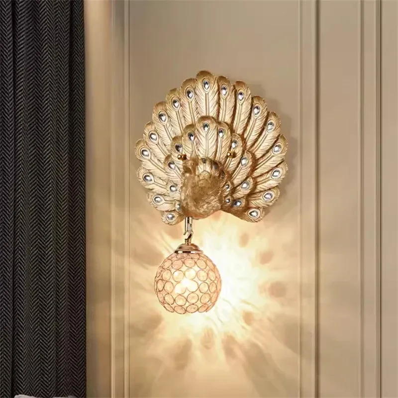 European Creative Peacock Wall Lamp Resin Crystal Lighting Decorative Dinning Living Background Bedroom Bracket Light