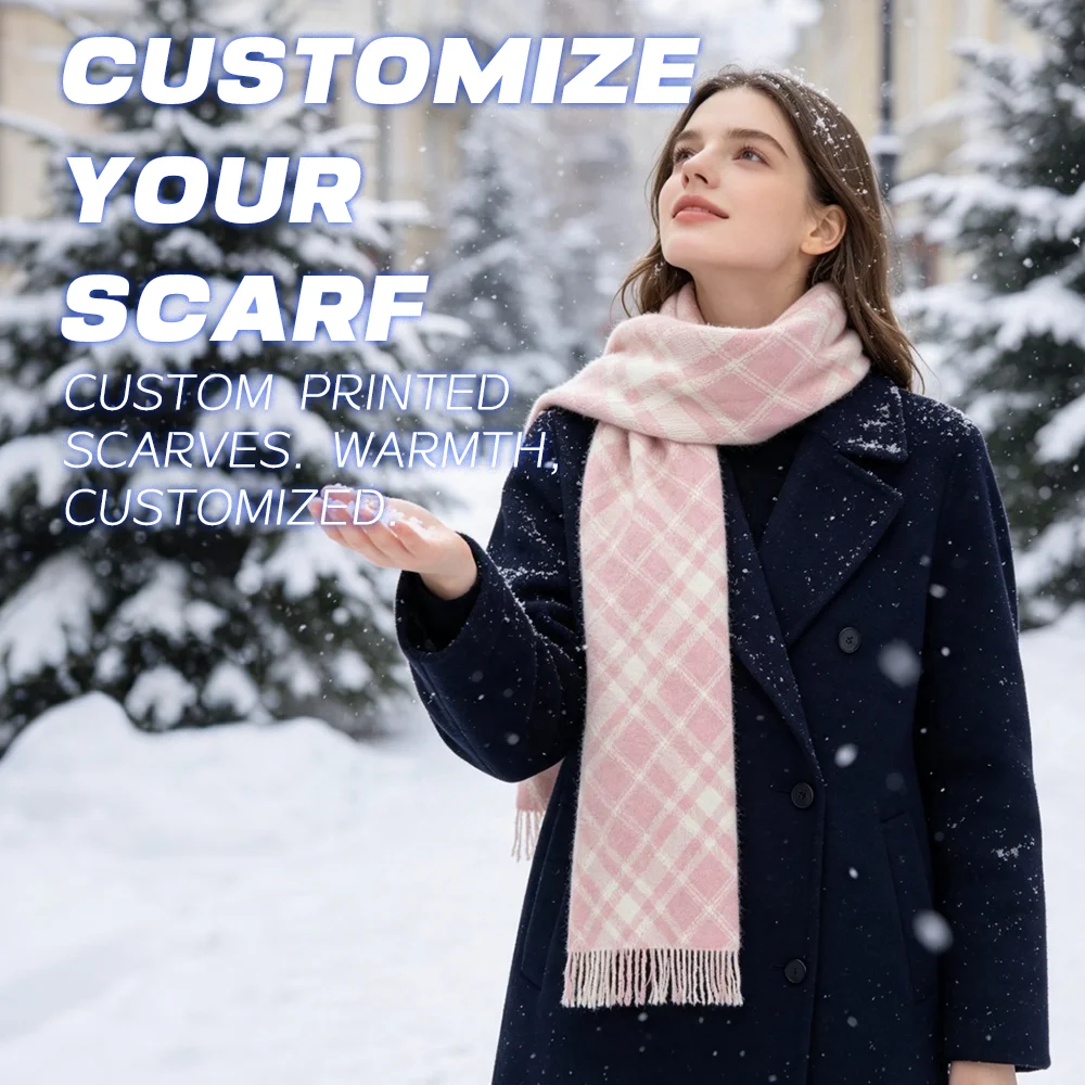 Custom Vertical Faux Cashmere Fringe Scarf Personalized Logo Text Pattern Front Printed Winter Warm Neck Wrap Daily Outfit Gift