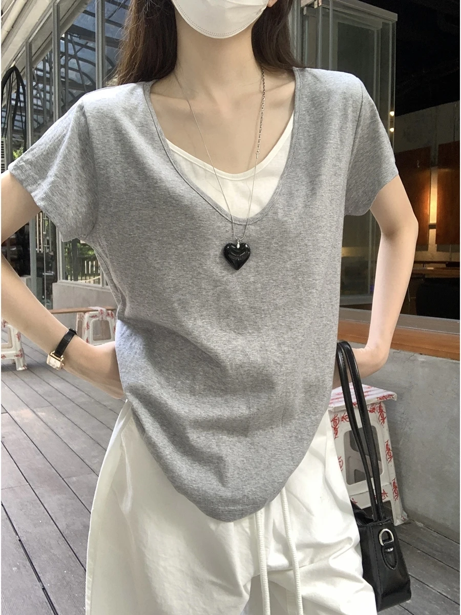 Ladies Casual Loose Short Sleeve T-Shirt V-Neck Summer New Design Sensation Color Block Versatile Korean Style Commute Wind