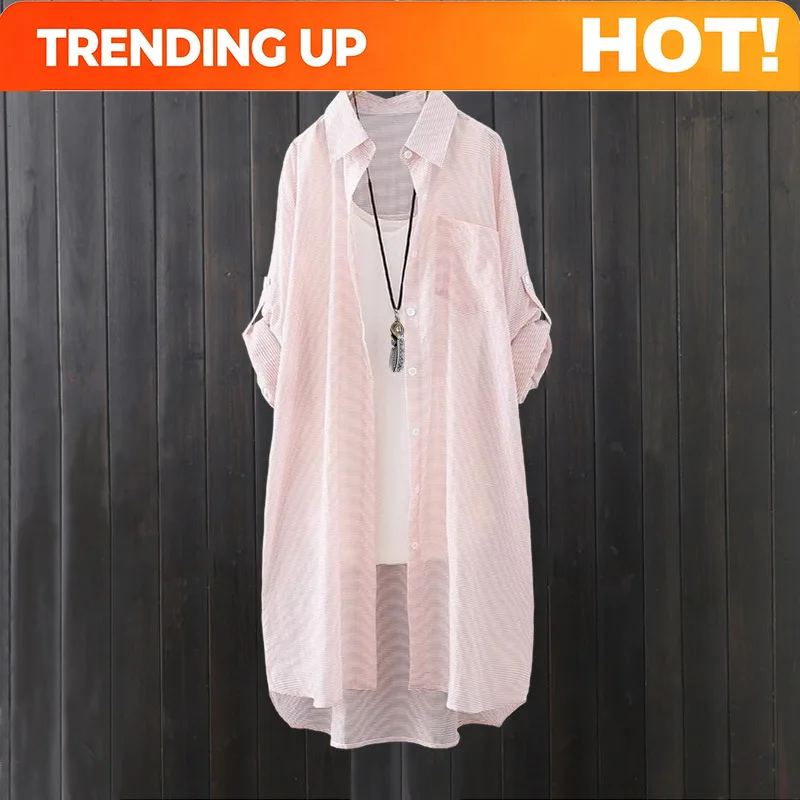 Customization Summer Shirt Mid-length Vermicelli Striped Top Loose And Fashionable Cardigan Sunscreen Thin Jacket