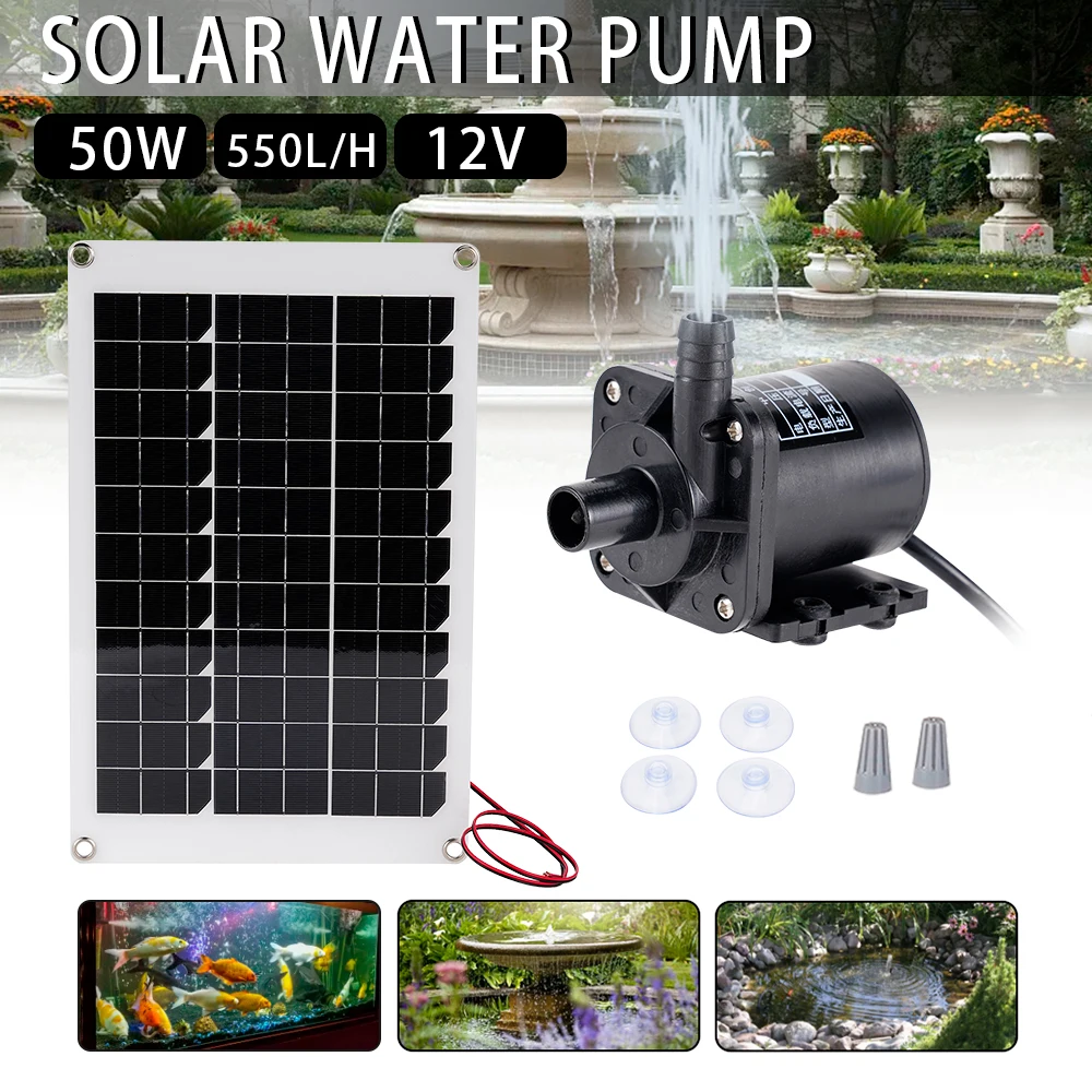 

50W Solar Panel Brushless Solar Power Water Pump Set Ultra-quiet Submersible Water Sprinkler Pool Pond Garden Fountain Decor