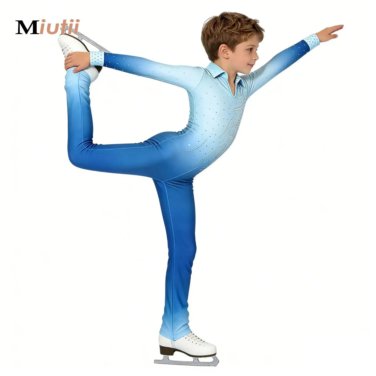 

Kids Boys Sports Yoga One Piece Unitards Rhythmic Gymnastics Ballet Dance Leotard Long Sleeve Rhinestone Performance Dancewear