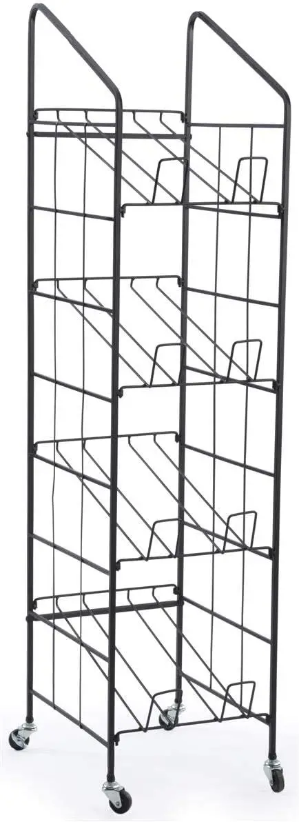 

Magazine Newspaper Rack Shelves Wheels Caster Steel Locking Angled Portable Black