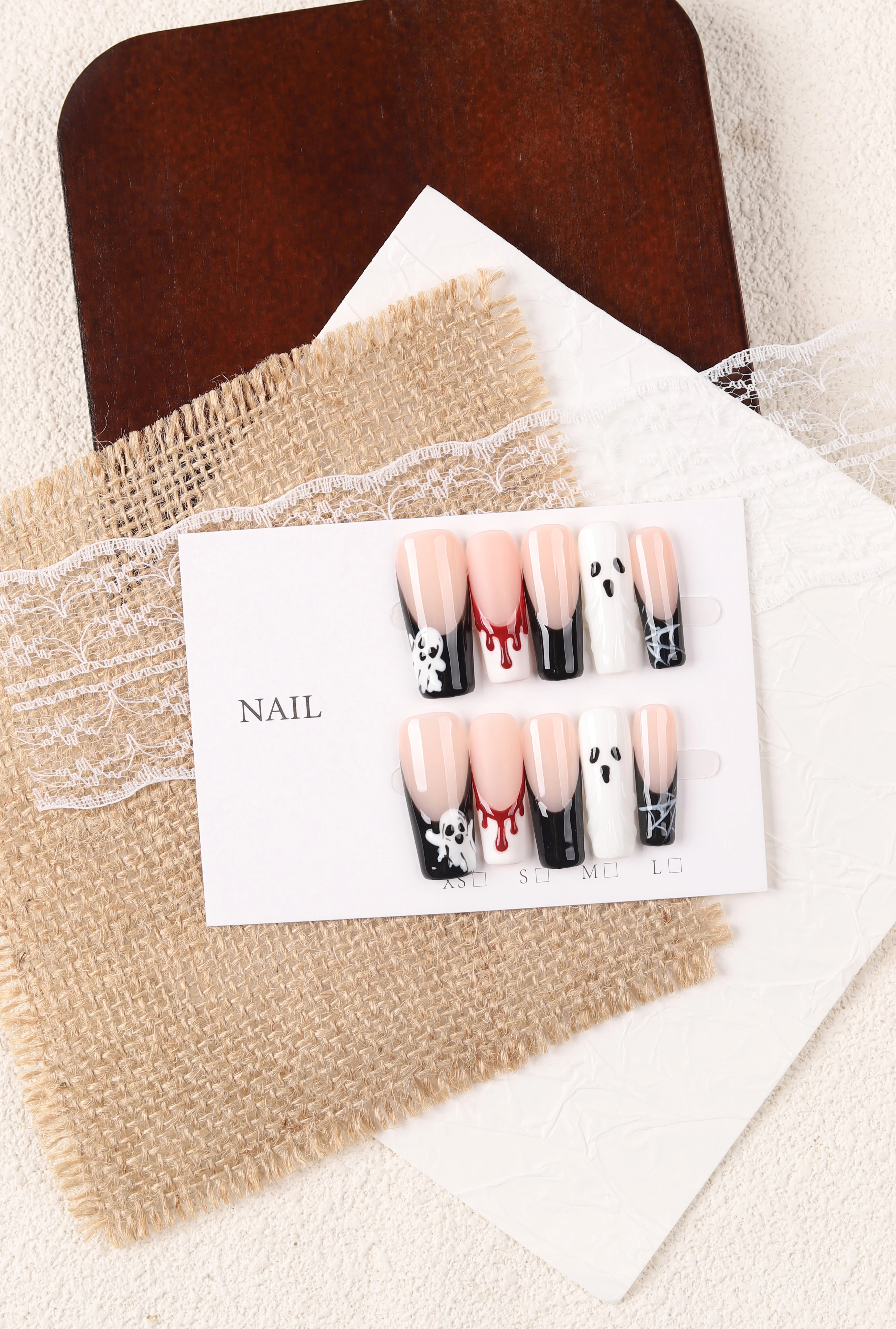 10 Pieces of Medium Trapezoidal Halloween Dark-Themed Wearable Nails, Black and White Sweet-Cool Style Fake Nails with Hand-Painted White Ghost, Blood-Stained Patterns, and Spider Web French Tip Decorations, Suitable for Halloween Parties, Cosplay, Dates, and Outings