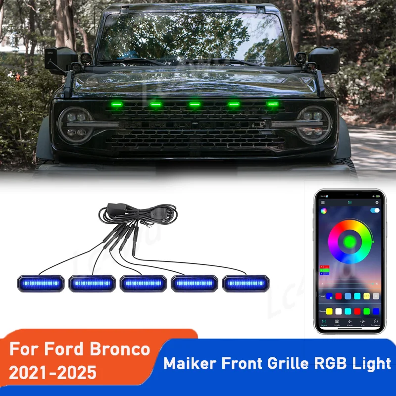 

MAIKER 5PCS RGB LED Grille Lights APP Control For 2021-2025 Ford Bronco Badlands Wildtrak Everglades & Stroppe Edition 2/4 Door