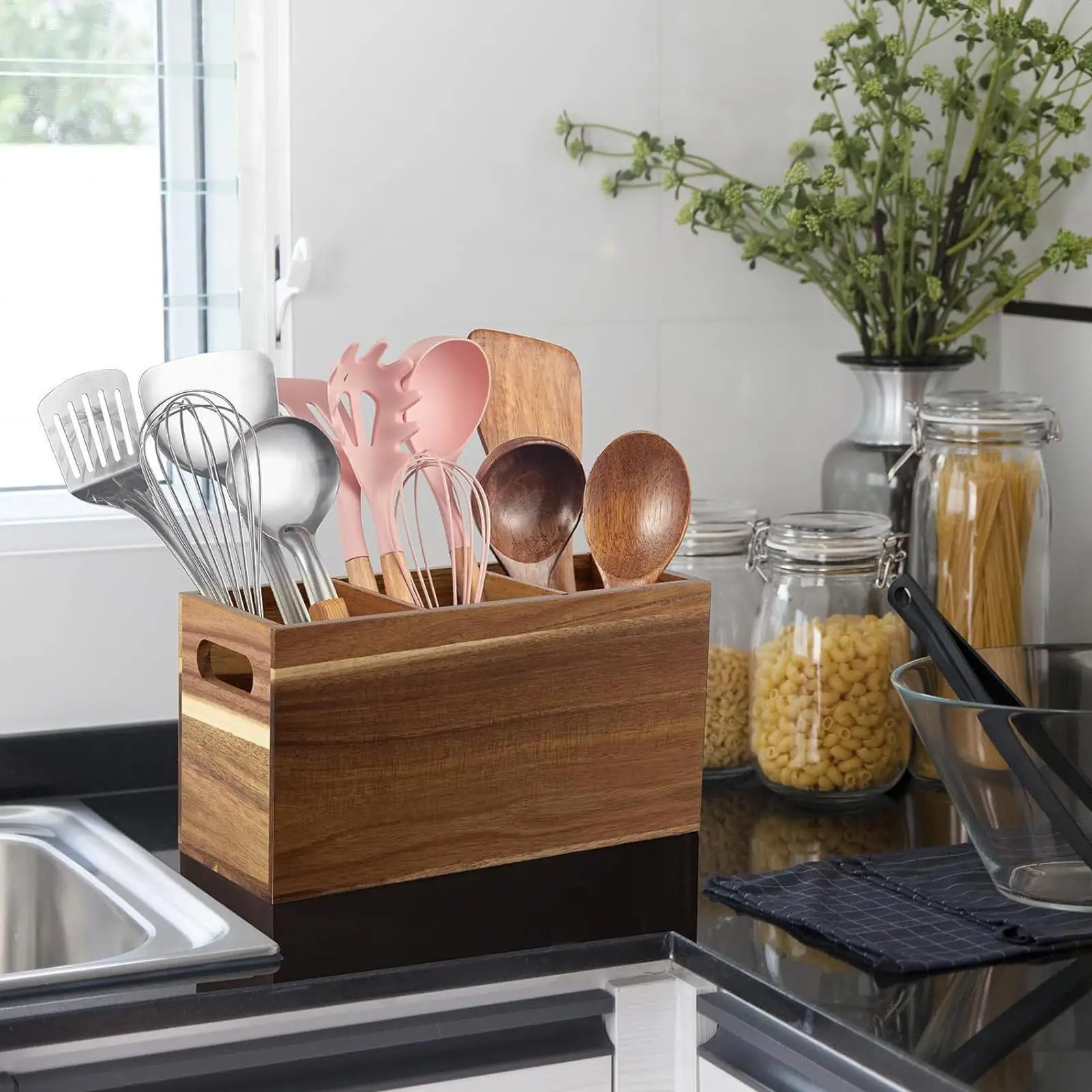 

Wood Utensil Holder Extra Large Rustic with 3 Compartments Kitchen Counter Utensil Holder for Oil Bottle Ladle Spoon Fork Shear