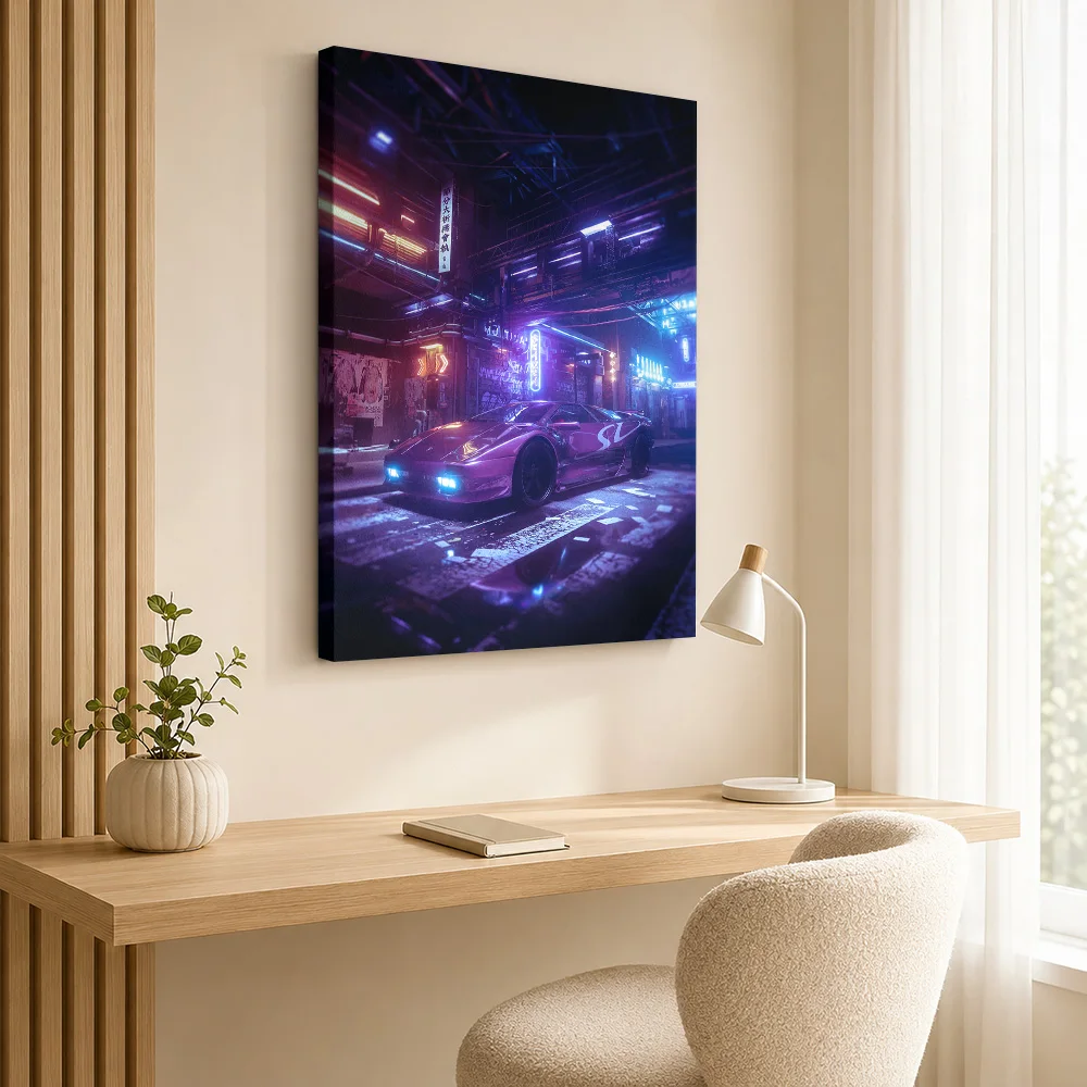 Sports Car Parked In Neon Garage Framed Canvas Print Personalized Photo Cyberpunk Reflections Wall Art For Studio Driver Gift