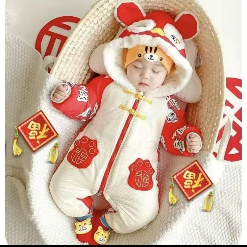 Baby New Year's Dress in Winter with Thickening Festive Dress Newborn Clothes Full Moon Banquet Clothes Baby Crawling Clothes