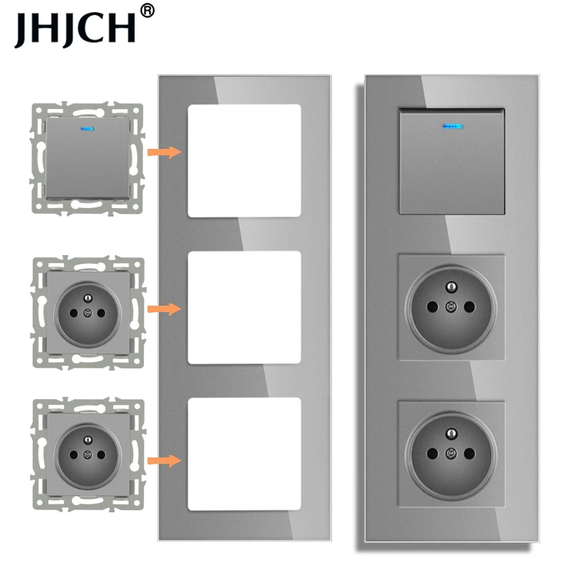 jhjch wall-mounted module diy European standard gray glass panel power socket switch button function free combination