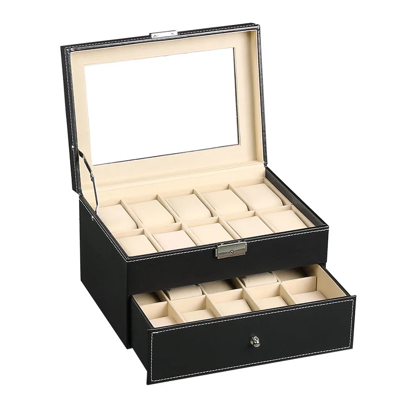 VANSIHO Luxury 2/3/4/5/6/8/10/12/20 Slots Black PU Leather Gift Packaging Watch Storage Box Watch Case For Home