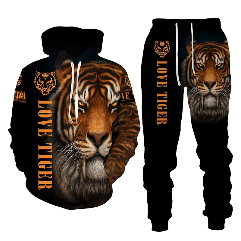 Animal Beast Tiger 3D Printing Men\'s Hoodies Set Tracksuit Pants Streetwear Spring Autumn Long Sleeve Pullover Casual Oversize