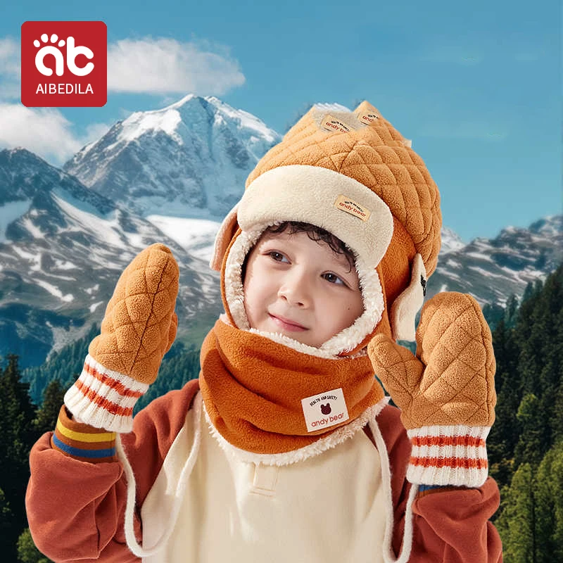 AIBEDILA Children Winter Earflap Warm Russian Waterproof Ski Hat Cap Russian Warm Ear Protectors Hats Boys Girls Gloves Scarves