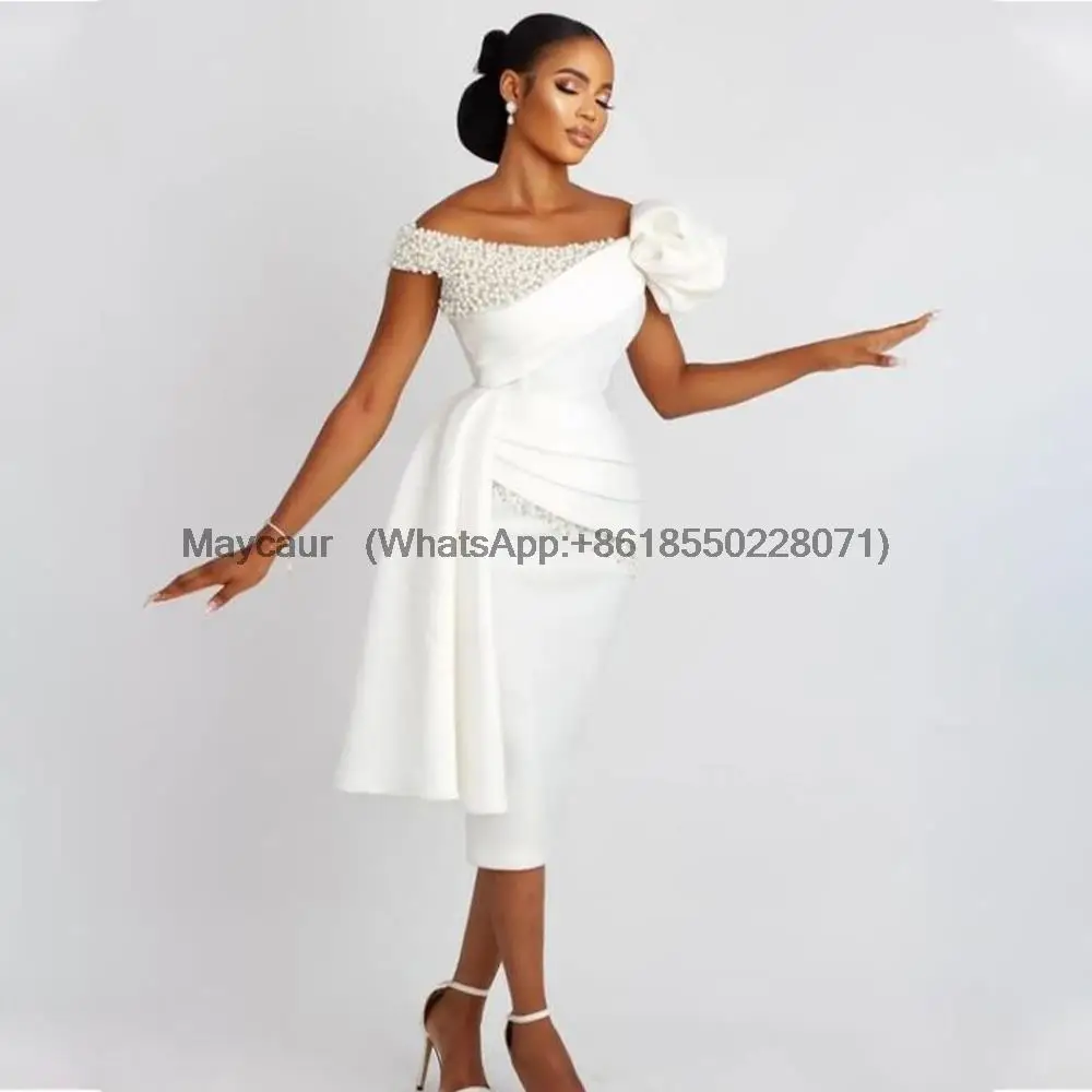 Abito da sposa tubino corto con spalle scoperte perle abito da sposa di lusso per abiti da sposa lunghi al tè drappeggiati bianchi da sposa