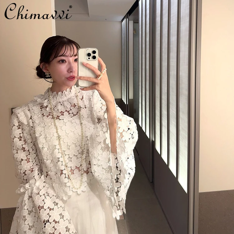 Japanese Heavy 3D Flower Embroidery Hollow Horn Sleeve Short Top Spring Summer New Sweet Girl Lady Inner Elegant Shirt Blouse