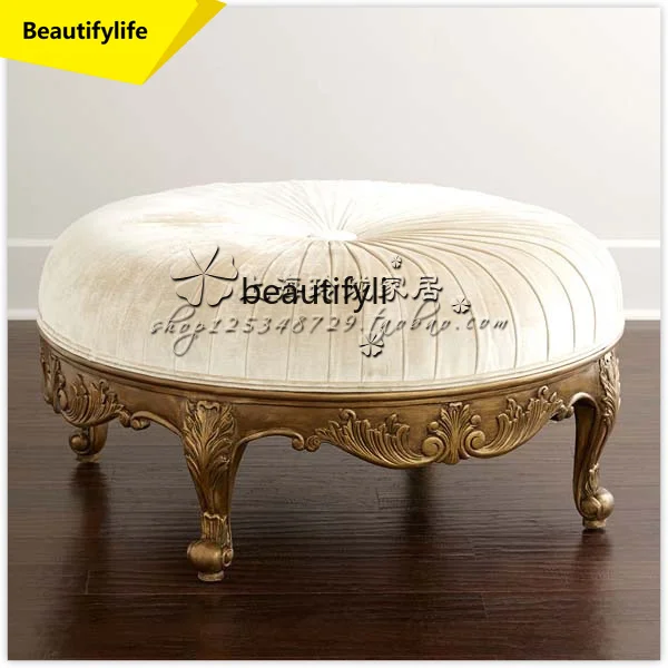 

A57 European Style Solid Wood Shoe Changing Stool Bedroom Fabric Round Stool Bed End Vintage Sofa Stool Footrest