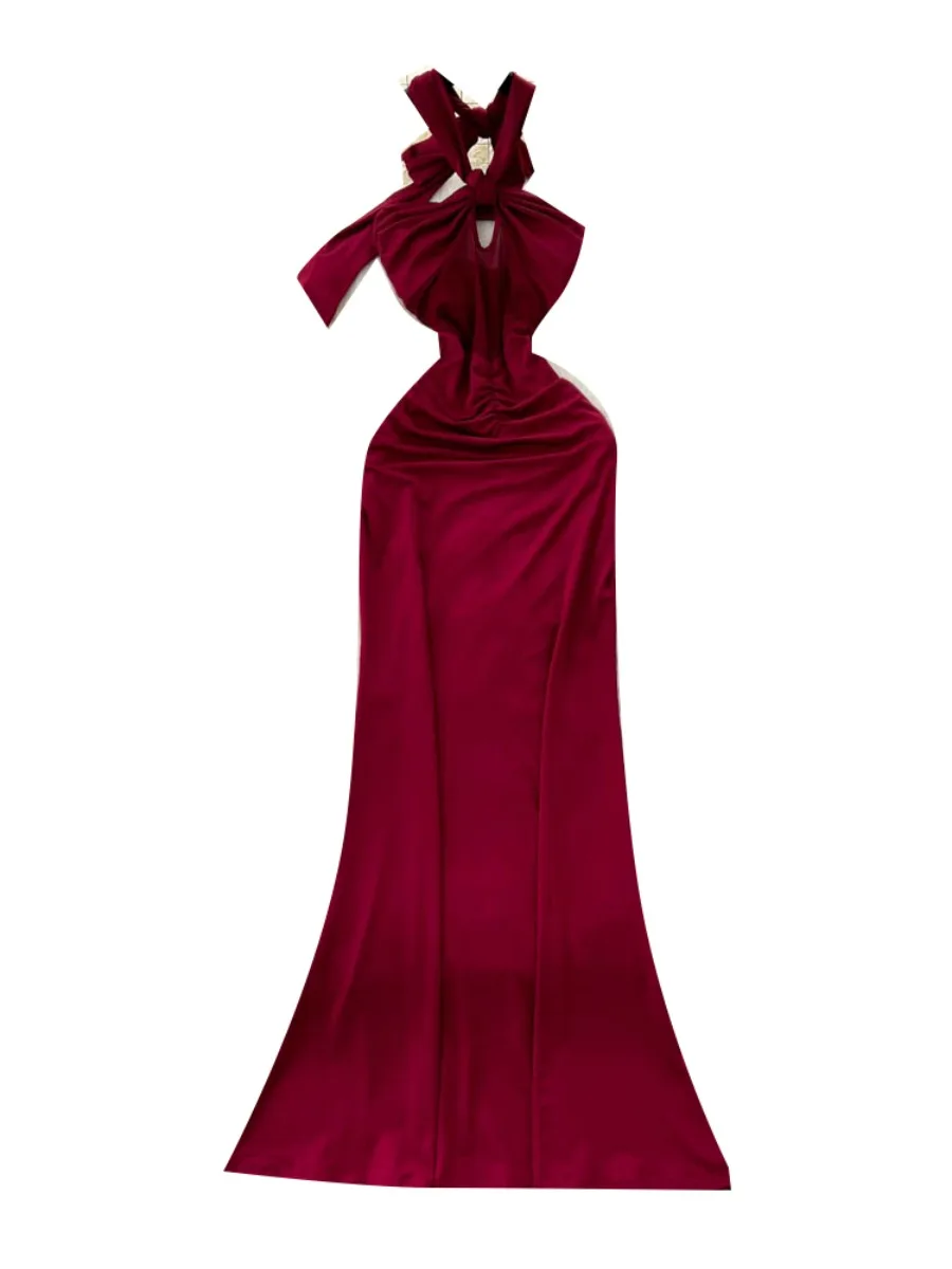 Foamlina Seksowna Sukienka Maxi z Wycięciami, Wiązana na Szyi, Długa, Damska, Europejski Styl, Siateczkowe Wstawki, Dopasowana, Podkreślająca Figurę, Elegancka, Bez Pleców