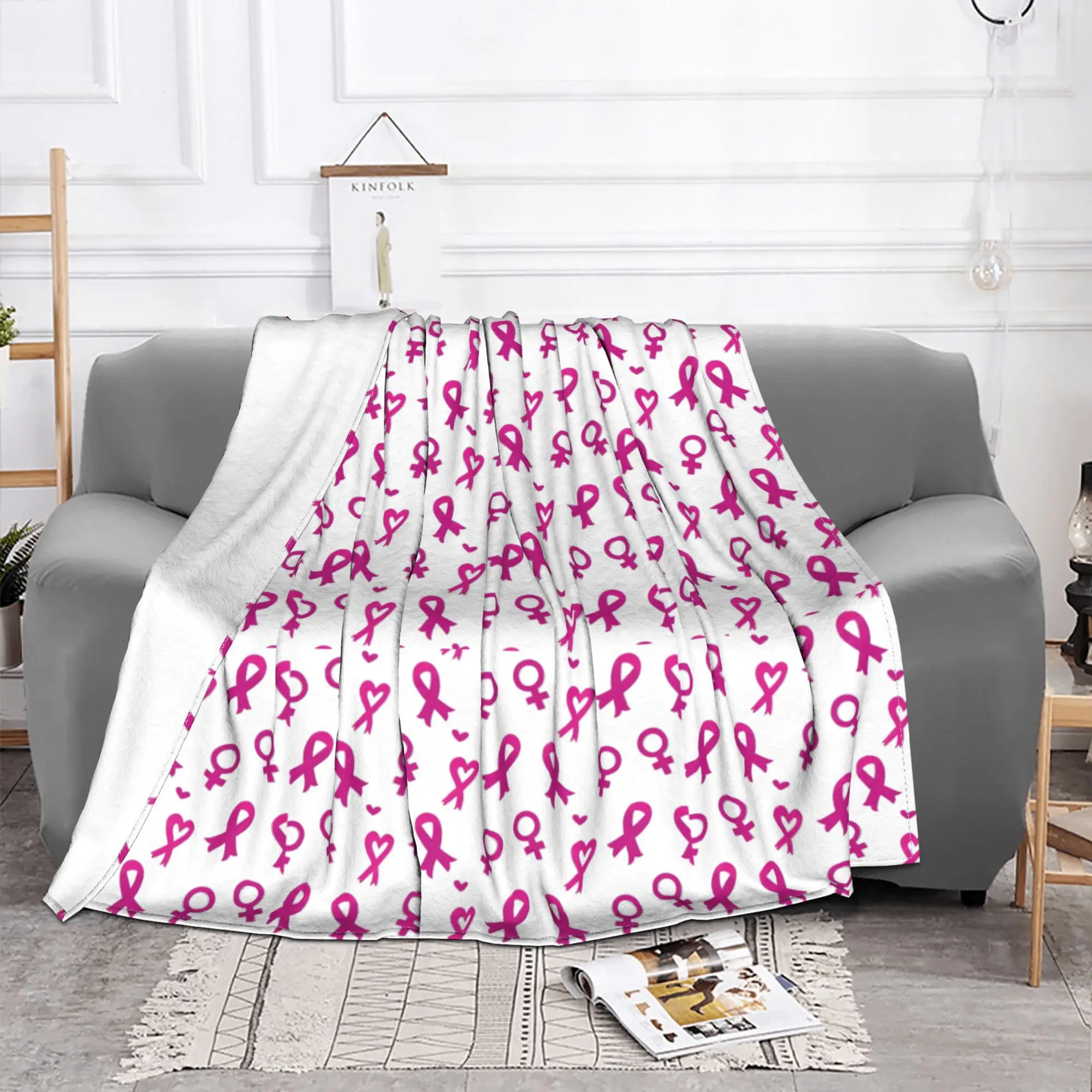Breast Cancer Awareness Month Fuzzy Blanket Ribbon Creative Throw Blankets for Home 200x150cm Bedspread