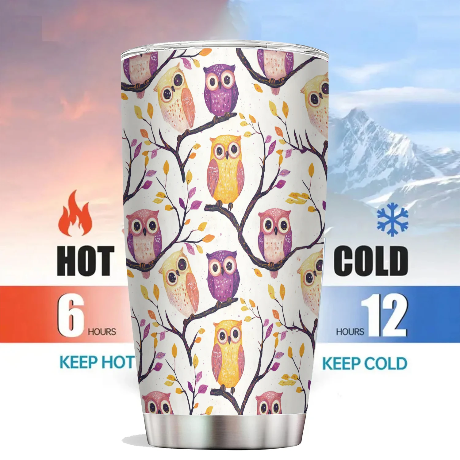 Cute Fall Leaves Owl Print Tumbler 20oz Vacuum Cup Double Stainless Steel water bottle with straw Keep Cold or Hot drink gift