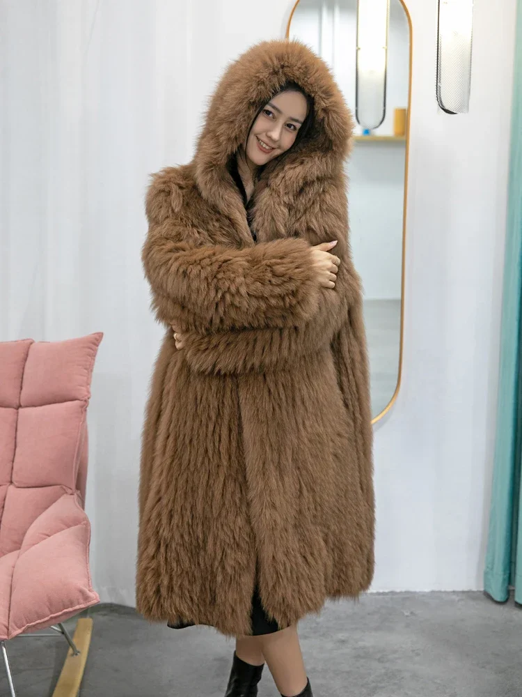 2023 Imported Real Fox Fur Coat Female Hooded Long Fur Young Women's Clothes High Street Fashion Classic Warmth Slim Fur Jackets