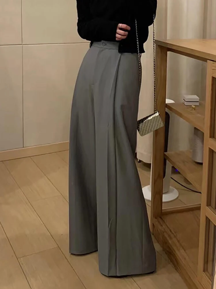 PBAP عادية الصلبة رمادي البدلة السراويل النساء جيوب مطوي الجبهة فضفاضة رايات عالية الخصر واسعة بنطلون الأعمال مكتب سيدة الملابس #6