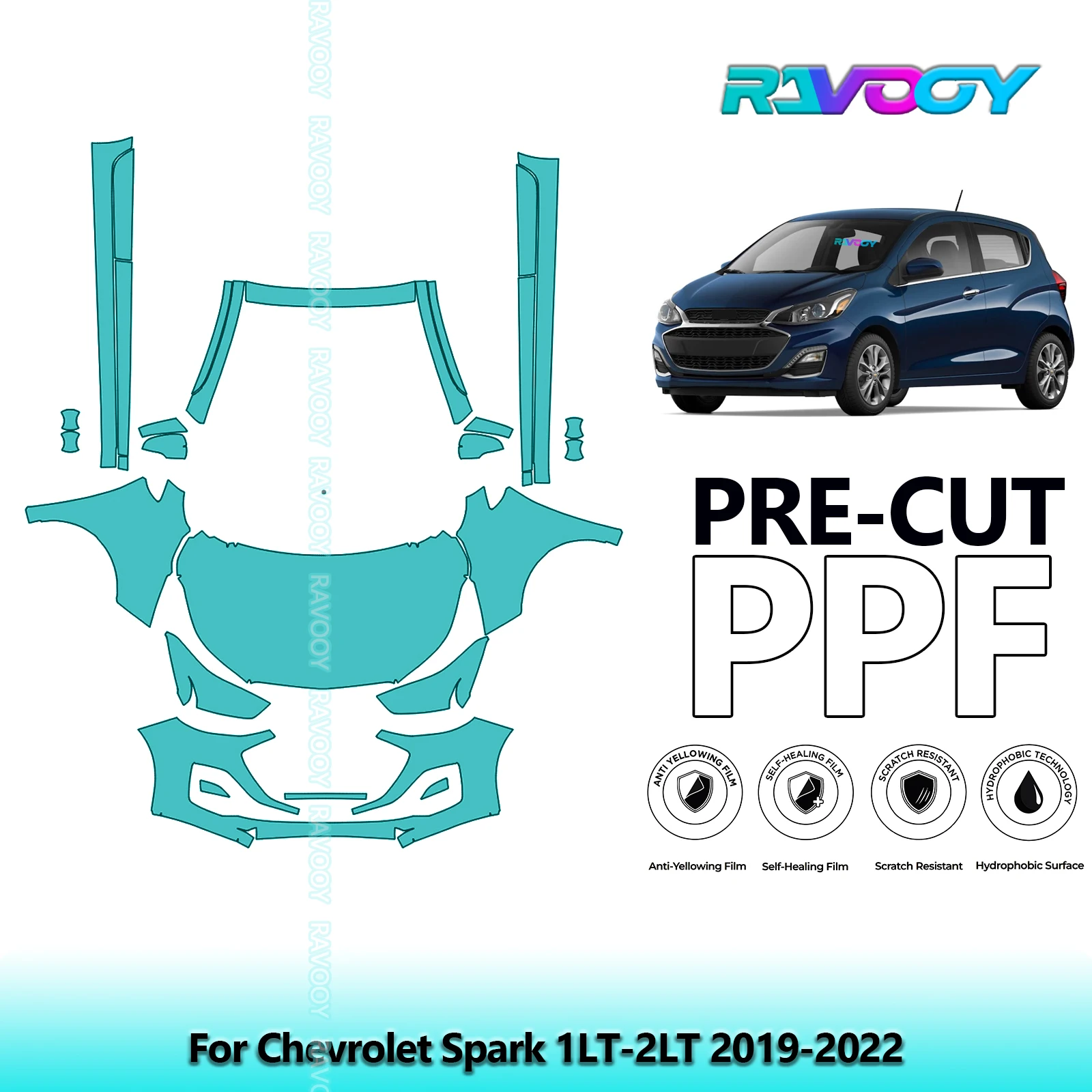 RAVOOY 8.5Mil Custom-Fit Precut TPU PPF Front Kit+Rockers Clear Bra Stone Guard EU UK For Chevrolet Spark 1LT-2LT 2019-2022