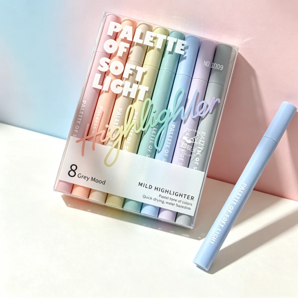 8pcs Soft Tip Fluorescent Pen Set Adjustable 1-4mm Line Width Pastel Colors Water-Based Fast-Drying Ink for Students And Office