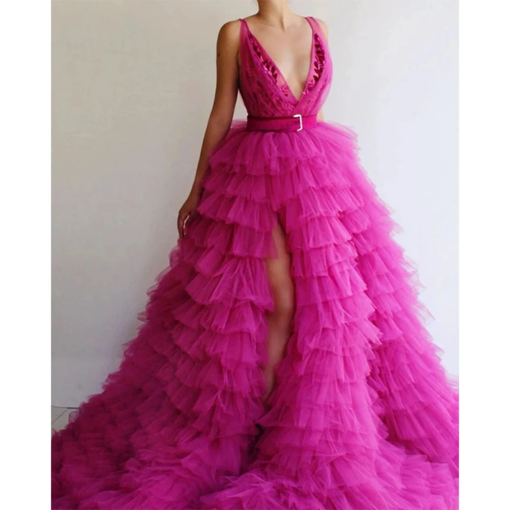 Evening Dresses for Women Fashion V-Neck Layered Pleat Prom Gowns Elegant Appliques Side Slit Tulle Puff A-Line Party Dresses