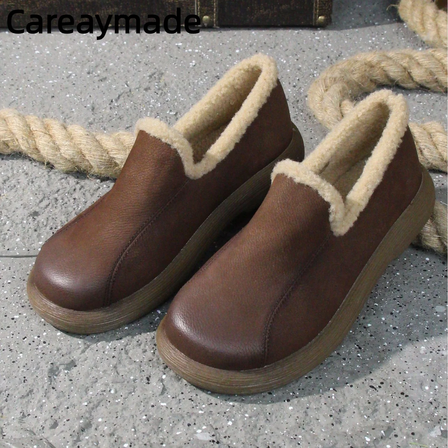 Careaymade-zapatos de piel auténtica para mujer, botas cortas hechas a mano, con suelas suaves, cómodos, de felpa de cordero y algodón cálido, para invierno