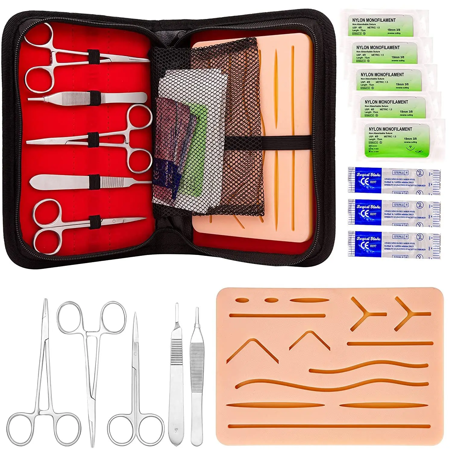 

14 piece set of anatomical tools for practicing suturing silicone pads, medical hemostatic forceps, forceps, scissors tools