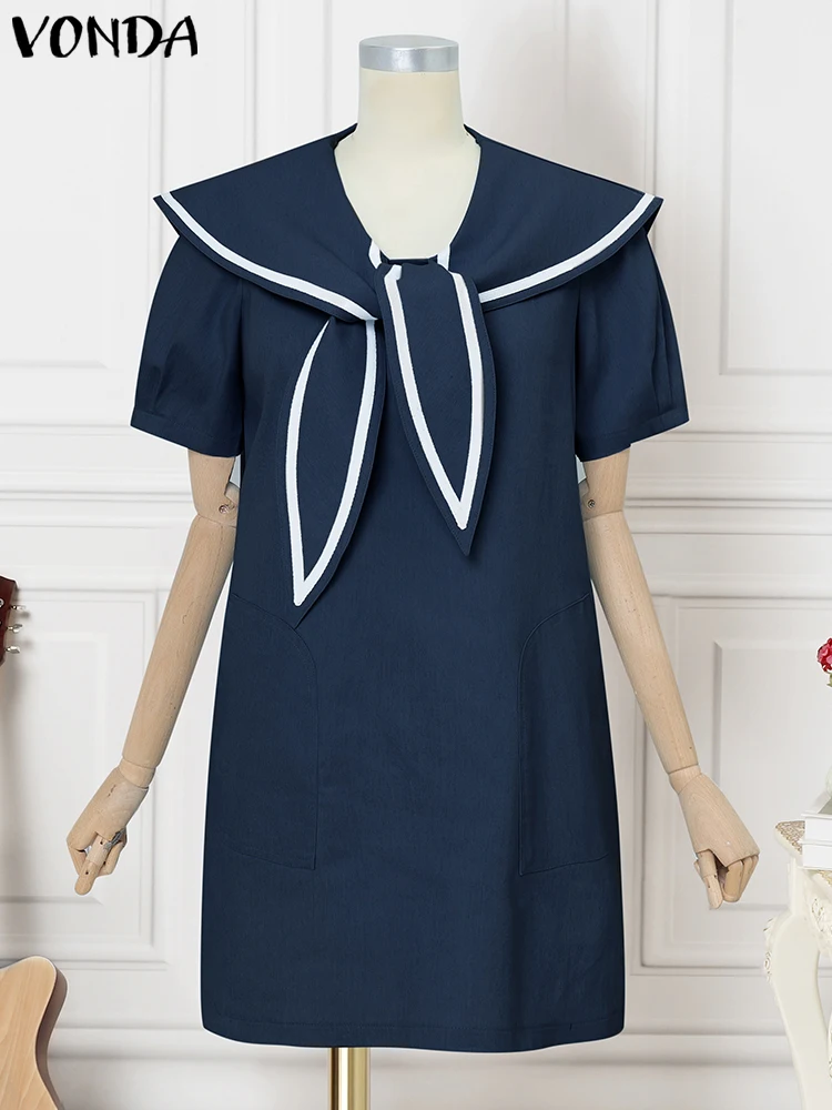 VONDA moda mujer Mini vestido con cuello de marinero 2025 vestido veraniego de verano de manga corta Casual Color Patchwork Vestidos cortos de gran tamaño