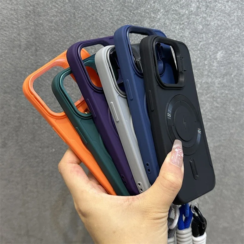 Luxury Kickstand Stand With lanyard Magsafe Phone Case For iPhone 11 12 13 14 15 16 Pro Max Plus Magnetic Soft Bumper Back Cover