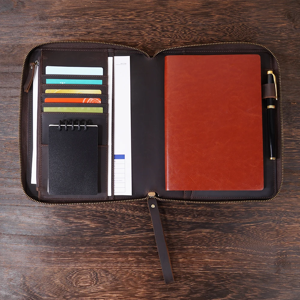

Retro Handmade Cowhide Leather Notebook A5 Case with zipper Pen Holder Phone Bag Journal Office Diary Travel Portfolio