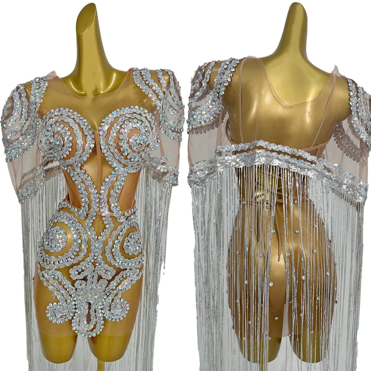 

High-end Women Couture Sparkly Crystals Long Tassel Short Dress Sexy See Through Mesh Mini Dress Floor-length Tassel Suit Jingu