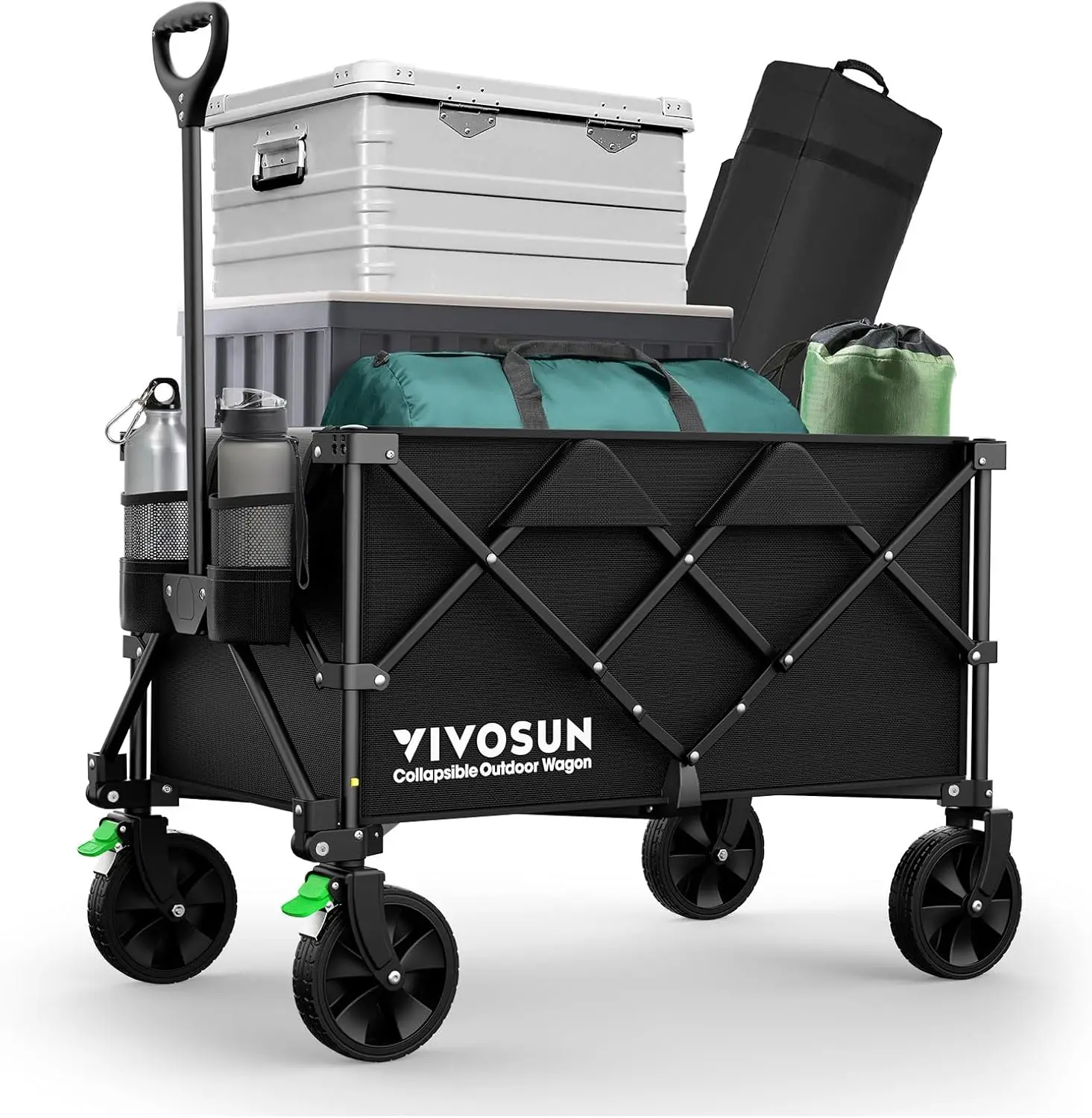 

Collapsible Folding Wagon Cart with Silent Wheels, Cup Holders & Pockets, Adjustable Handle for Outdoor Activities