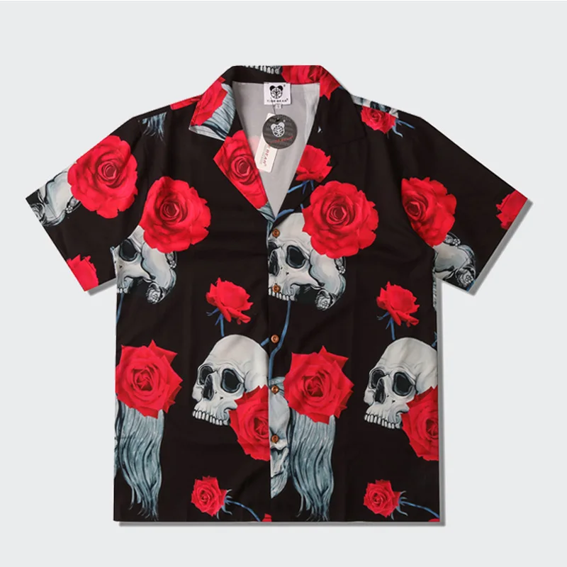 New Arrival Retro Loose Cuban Collar Shirt Men's Rose Skull Print Korean Fashion Trend Short Sleeved Shirts