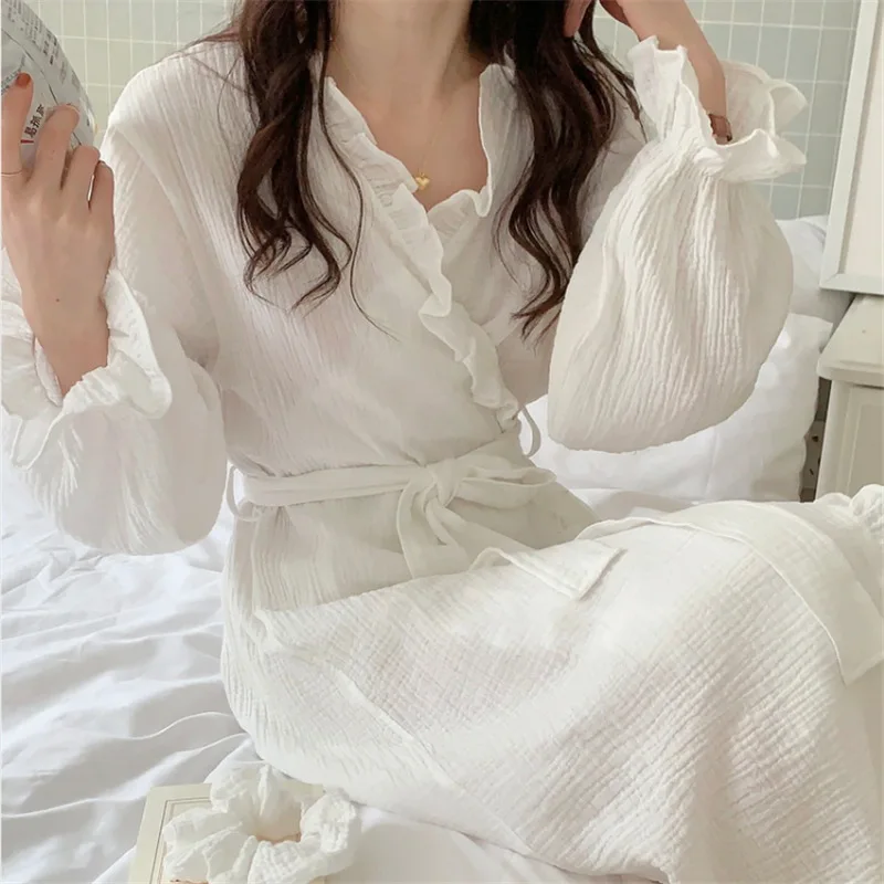 Cotton Bathrobe Women Ruffles Long Sleeve Korean Sweet Kimono Robe Elegant Spa Lady Spring Autumn Home Dressing Gown Pajamas